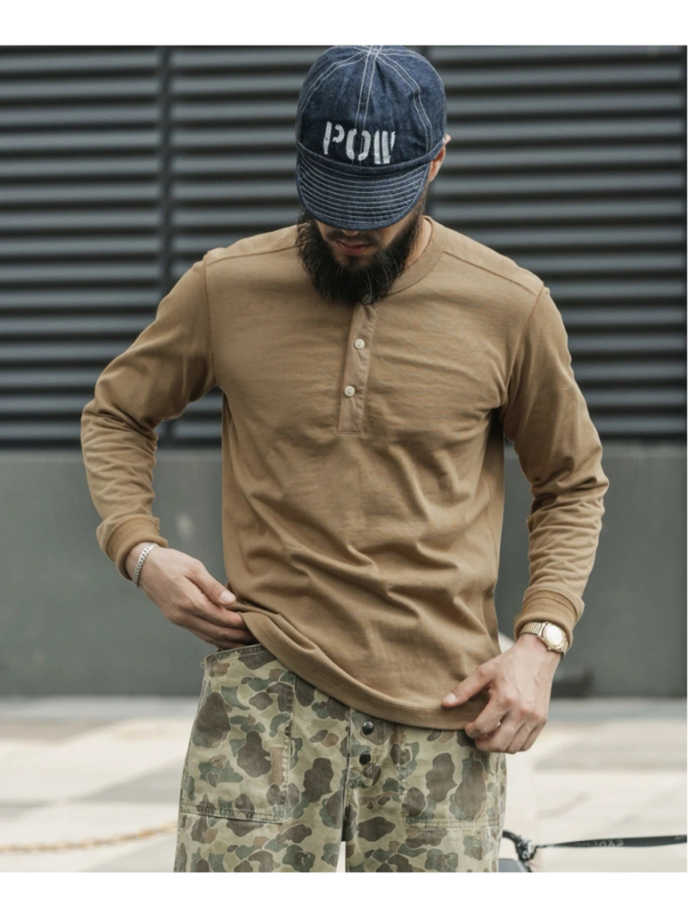 100% Cotton 14 oz Side Closing Henley Shirt Khaki Bronson Mfg Co Long Sleeve S